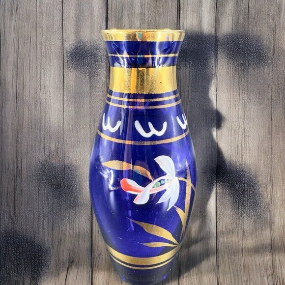 Vintage Bohemian Art Glass Vase Vessel With Hand Painted Flowers Czech Vase VTG - Picture 2 of 12